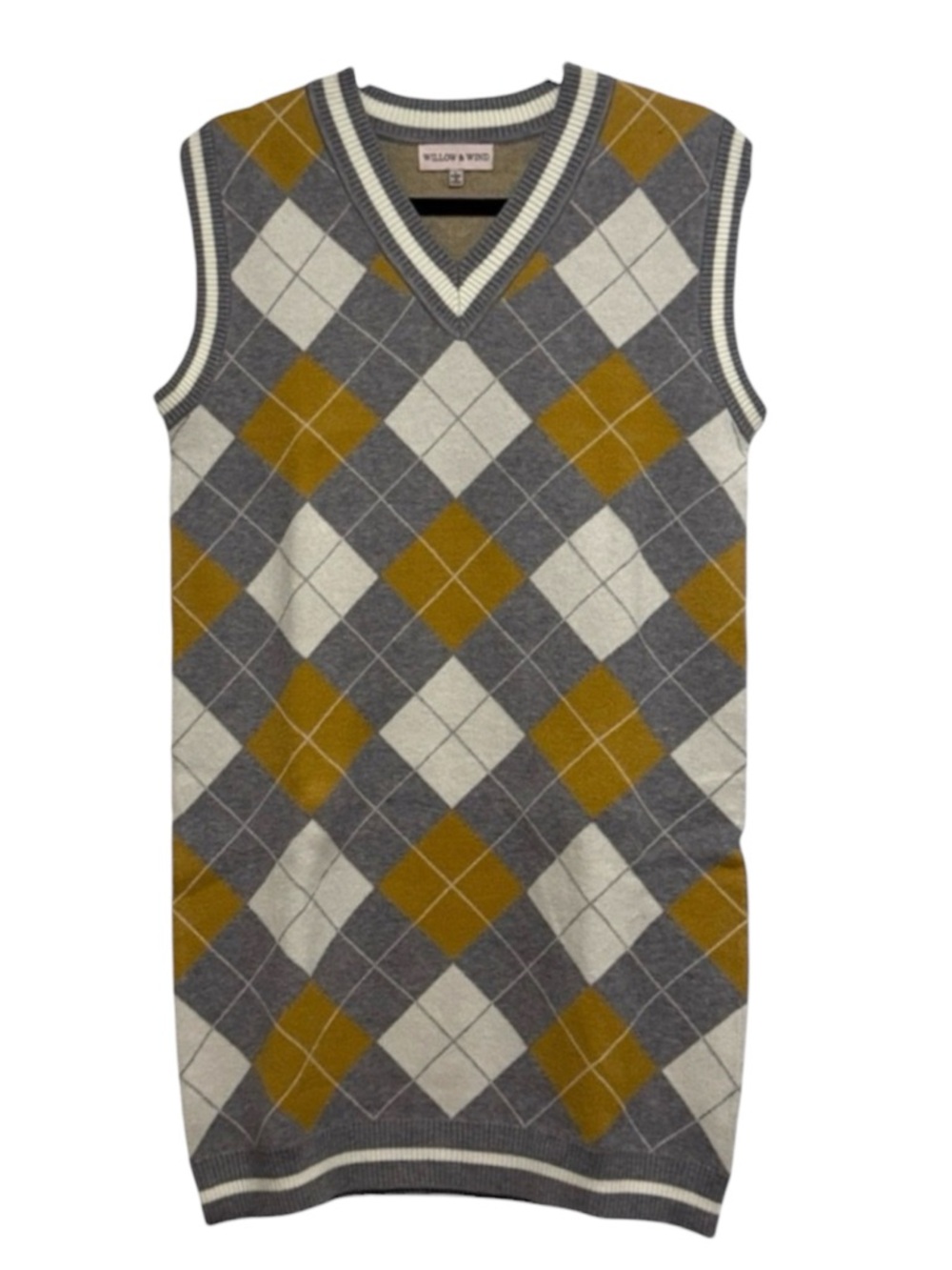 Argyle Sweater Vest Dress Gray Mustard V-Neck Knit Sleeveless Size L - Picture 2 of 4